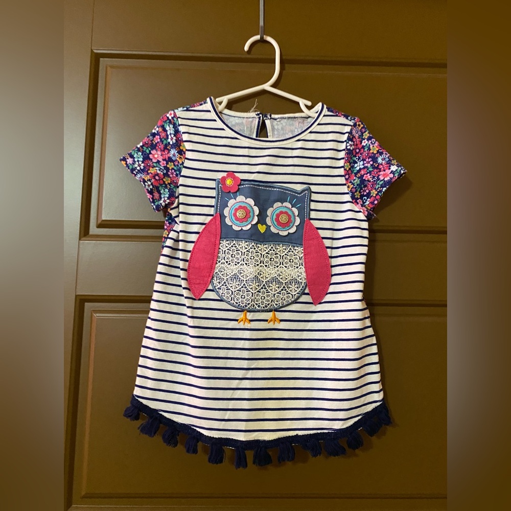 Striped Owl Kids Shirt with Floral Sleeves
